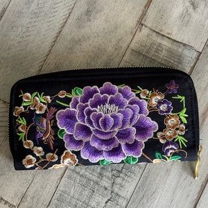 Black Canvas Purple & Brown Bird & Floral Embroidered Zippered Wallet